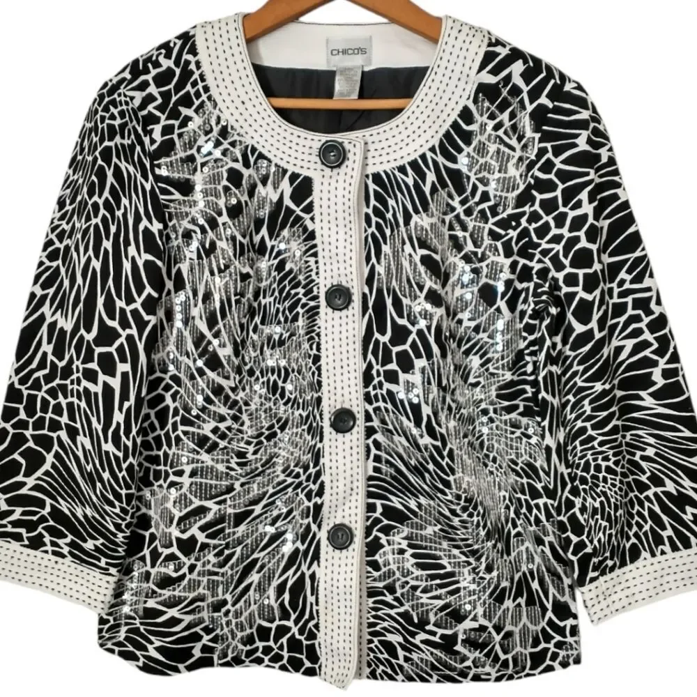 Chicos Floral Sequin Jacket S White Black Embellished 3/4 Sleeve Button‎ Front